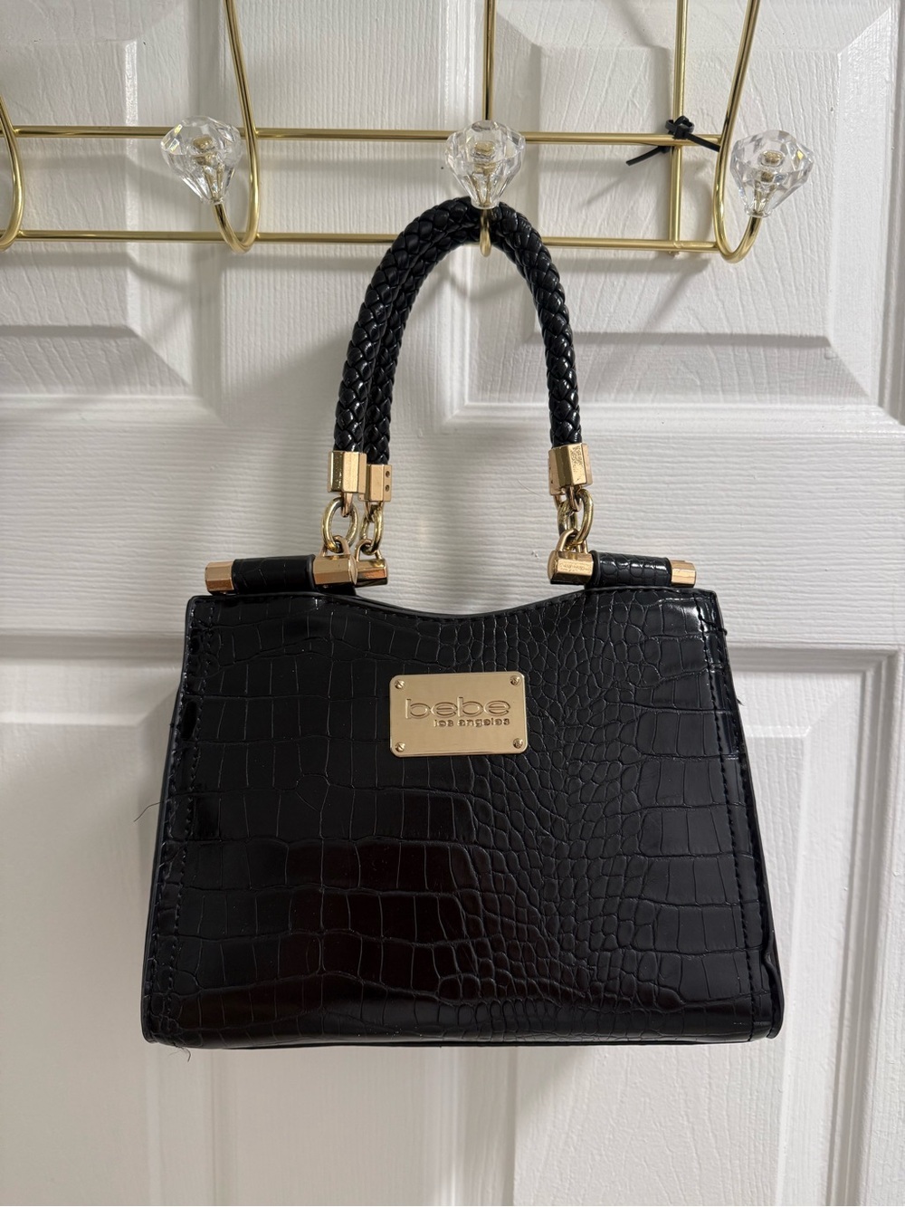 bebe Black Croc-Embossed Top-Handle Satchel with Gold Plaque